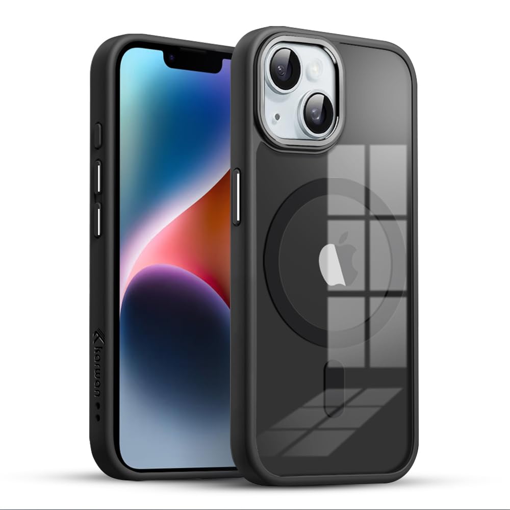 KARWAN®️Translucent Hybrid Case with Metal Ring Phone case Cover for iPhone 14 Plus |Compatible with N52 Strong Magnets Mag| Wireless Mag-Safe Charging -(Black)