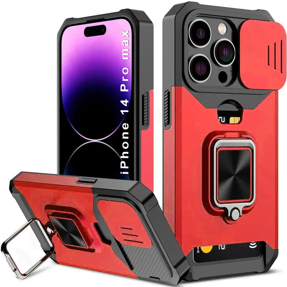 LuxuryKase Shockproof Armor Case for iPhone 14 Pro Max | Slide Camera Cover | Hidden Card Slot | Rotating Ring Kickstand | Magnetic Car Mount Support | Military Grade Protection – Red