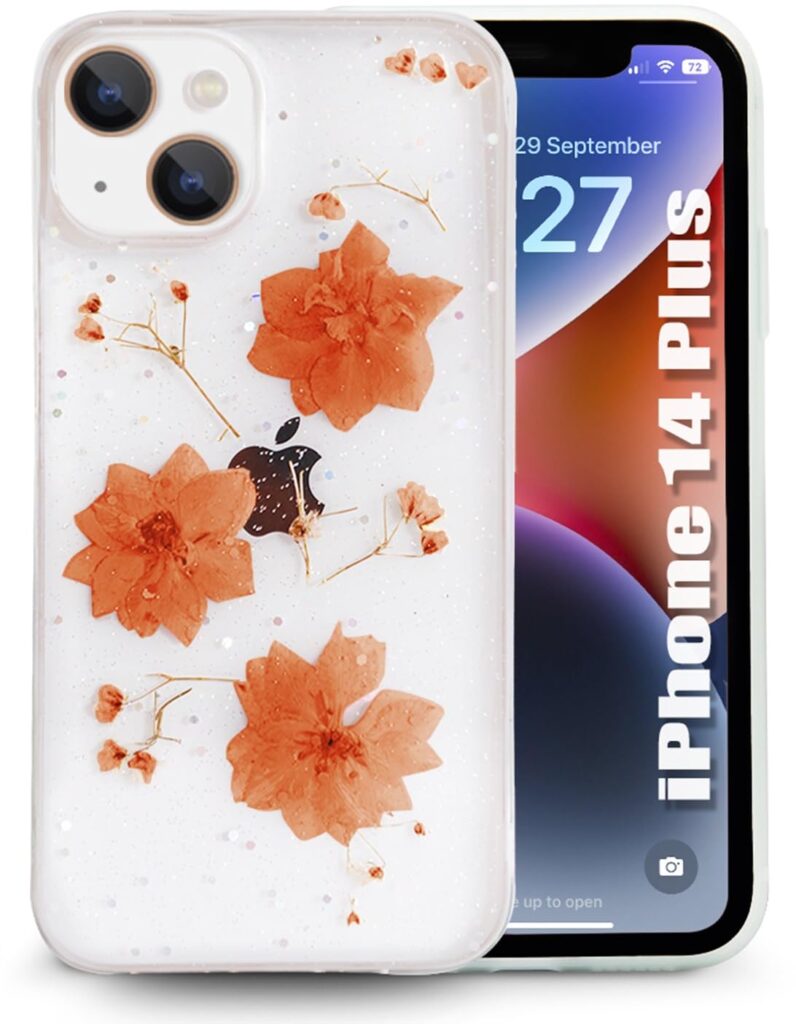 SQUIF Soft Back Case for iPhone 14 Plus Cover for Girls with Silicone Pressed Real Natural Dry Flowers Clear Glitter (Orange)