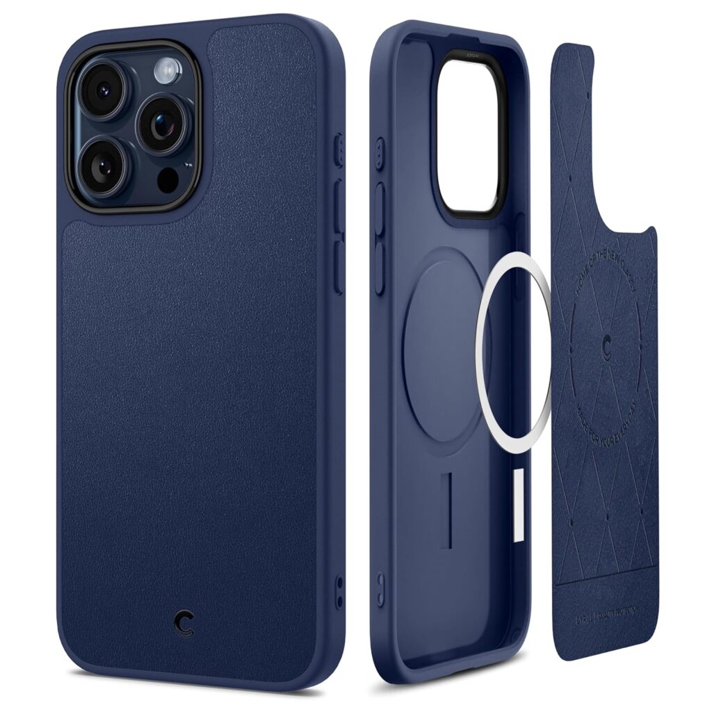 Spigen Cyrill Kajuk Mag for iPhone 15 Pro Max Case, Faux Leather iPhone 15 Pro Max Back Cover - Navy
