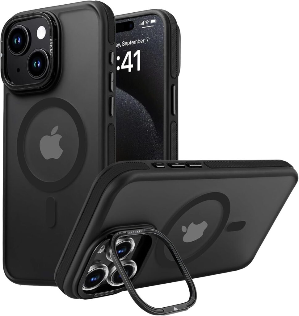 Prolet Anti-Slip Side Grip Premium Magnetic Back Case for iPhone 13/14, Built-in Camera Stand, Compatible with Magsafe, Slim Shockproof Cover – Black