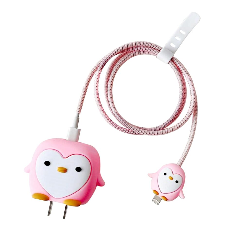 Prolet 3D Cartoon Charger Cover for iPhone 11/12/13/14/15/16/Pro Max – 360° Full Protection Silicone Case with Durable Cable Sleeve, Compatible with 18W/20W Adapter & Charging Cable (Pink Penguin)