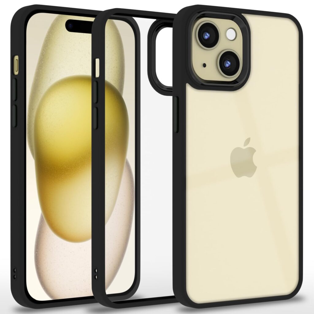 Amazon basics Cover for iPhone 15 Plus |Electroplated Crome Metal Ring | Full Camera Protection | Raised Edges | Super Soft Side TPU Bumper Case (Black)