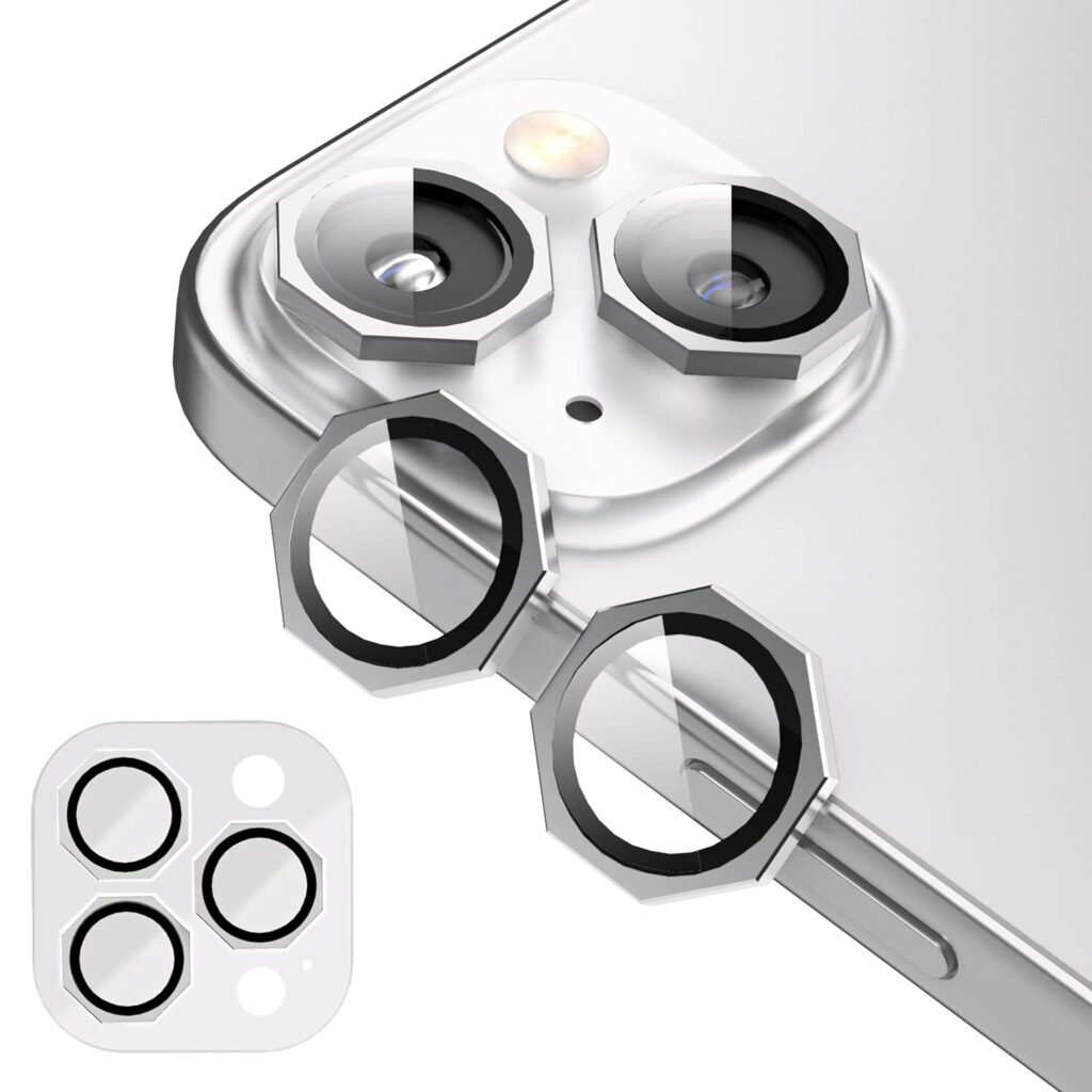 GadgetBite Snaptra Octagon Lens Protector Compatible With iPhone 14 & iPhone 14 Plus – 9H Tempered Glass Camera Cover with Metal Ring, Scratch-Resistant,Camera Lens Protection - Silver
