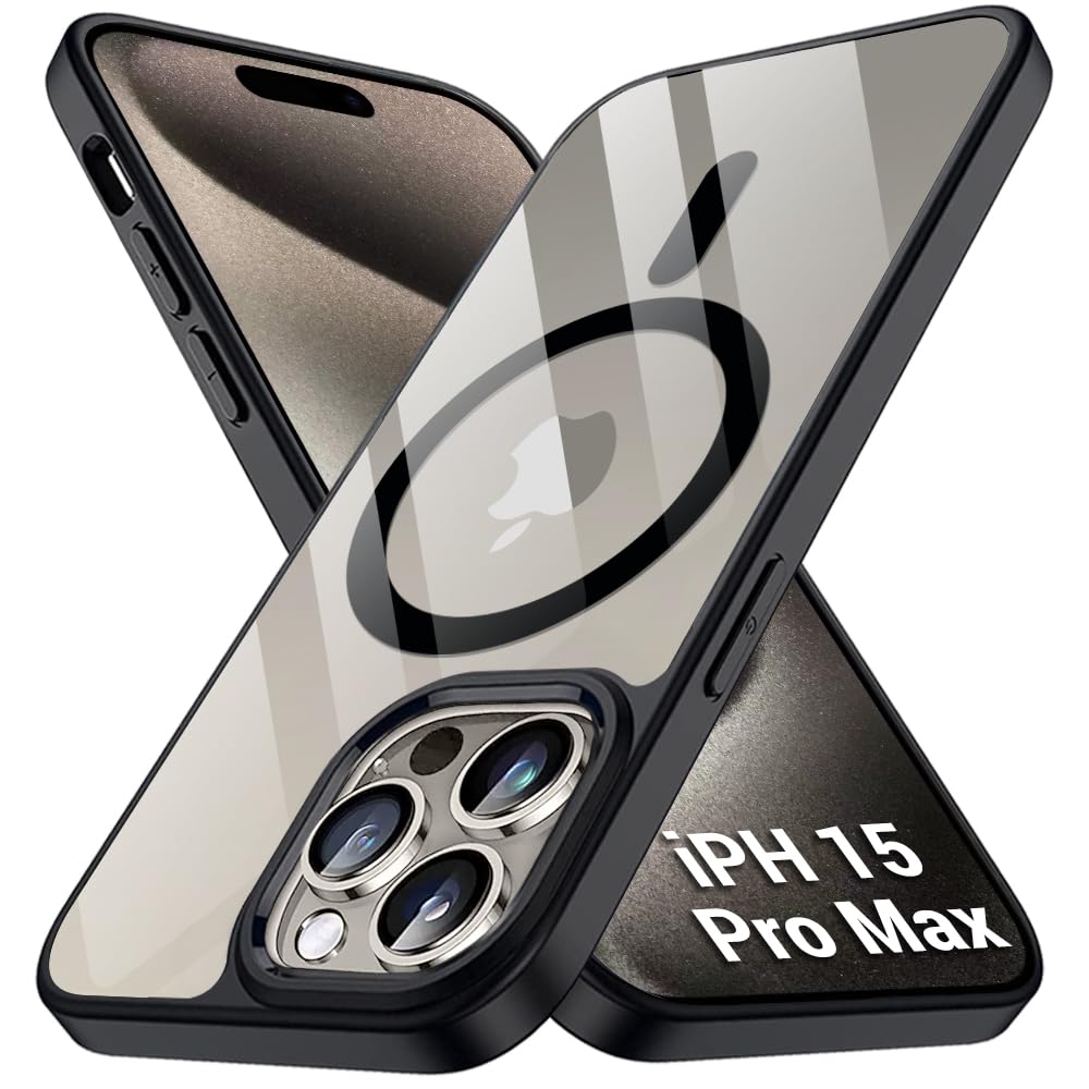 TheGiftKart Ultra-Hybrid Back Cover Case for iPhone 15 Pro MAX Compatible with MagSafe | Camera Protection | Crystal Clear Transparent Back Cover Case for iPhone 15 Pro Max (PC & TPU, Black Bumper)