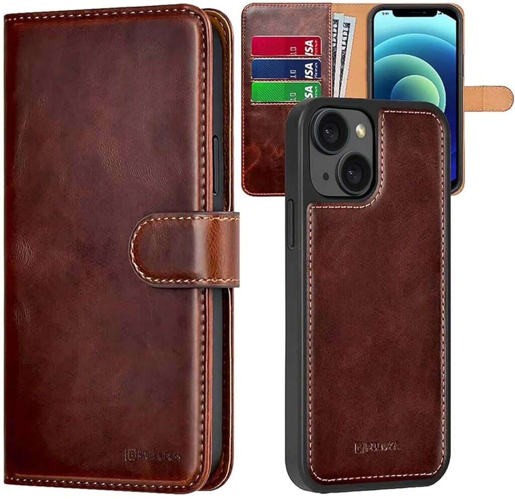 PULOKA - 2 in 1 Flip Cover for iPhone 15 - Protective Case with Card & Cash Pockets - Detachable Flip Case, Kickstand & Magnetic Closure - Profesional & Premium Leather Finish Look -Brown