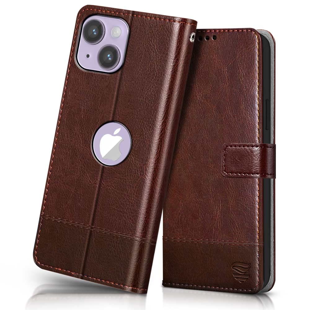 FLIPPED Vegan Leather Flip Case Back Cover for Apple iPhone 14 Plus (Flexible, Shock Proof | Hand Stitched Leather Finish | Card Pockets Wallet & Stand | Tan with Brown)