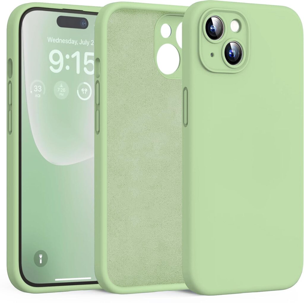 DIZORO Compatible for iPhone 15 Case 6.1, Slim Liquid Silicone Case 3 Layers Full Covered Soft Gel Rubber Phone Case Protective Cover 6.1 Inch (Natural Matcha Green)
