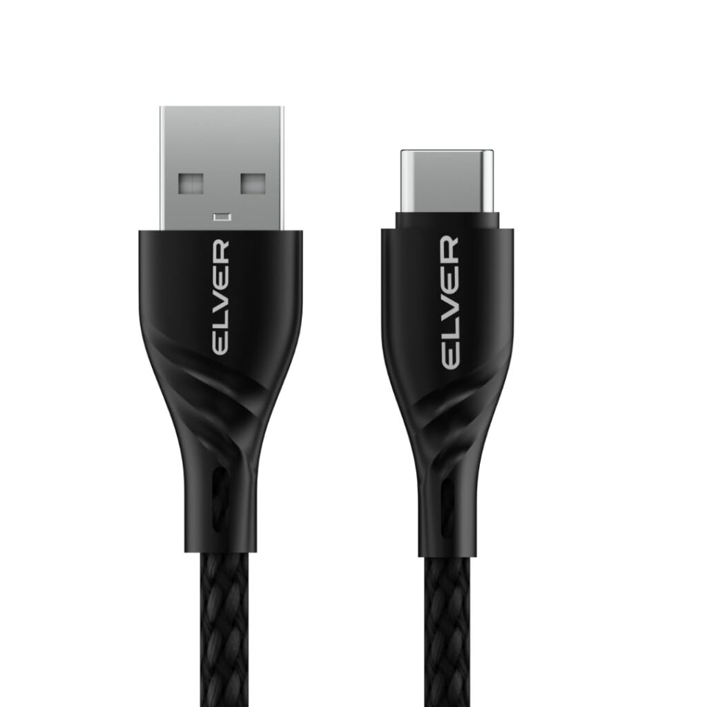 Elver USB-A to Type-C Cable 1.2m, 100W Fast Charging, 480 Mbps Data Transfer, Braided, Durable & Tangle-Free, Compatible with Smartphones, Tablets & More, Made in India (Black)