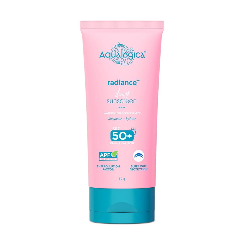 Aqualogica Radiance+ Dewy Sunscreen with Watermelon & Niacinamide with SPF 50 & PA++++ - 80g | Broad Spectrum SPF 50+ PA++++ | UVA/B & Blue Light Protection | Anti-Pollution Factor (APF) Technology | In Vivo Tested | deal for Oily Skin Type| Fragrance-Free & No White Cast | For Radiant Skin