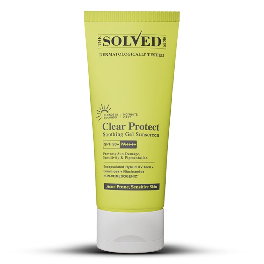 Clear Protect SPF 50+ PA++++ Sunscreen for Acne Prone Skin with Advanced Encapsulated UV Tech |Oily Sensitive Skin | Ultra-Light Cooling Gel | No White Cast Broad Spectrum UVA/UVB 50ml