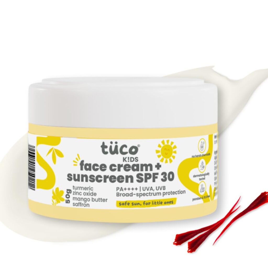 TuCo ® Kids 2 In 1 Face Cream + Sunscreen for All Skin Types SPF 30 With Saffron Oil For Kids | Ages 2-5, 5-10, 10-15 | UVA/UVB PA++++ | Broad Spectrum | Benzophenone- 3, Avobenzone Free | 50Gm |