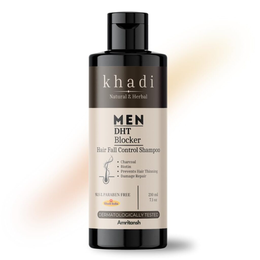 Khadi Natural DTH Blocker Shampoo for Men | Hair Fall Control & Thinning Prevention | With Biotin & Charcoal | Sulfate, SLS & Paraben Free | Hair Strengthening & Damage Repair | 210 ml – By AMRITANSH