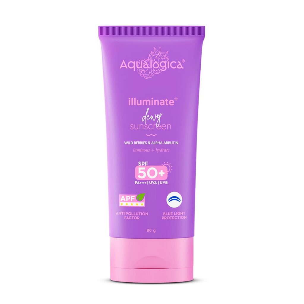 Aqualogica Illuminate+ Dewy Sunscreen SPF 50+ PA++++ with Wild Berries & Alpha Arbutin - 80 g | Broad Spectrum SPF 50+ PA++++ | UVA/B & Blue Light Protection | Anti-Pollution Factor (APF) Technology | In-Vivo Tested | Evens Skin Tone | Fragrance-Free & No White Cast | For Luminous & Sun Protected Skin