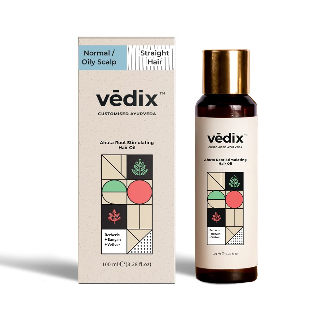 Vedix Ahuta Root Stimulating Ayurvedic Hair Oil | Hair Growth Oil With Berberis + Banyan + Vetiver - Customized Anti Hair Fall Control - 100ml