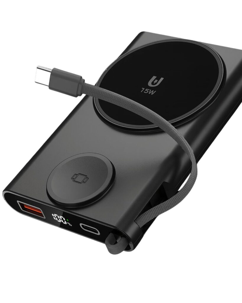 SEVENAIRE P130 3-in-1 Magnetic Power Bank 10000mAh [Magsafe Compatible] with Apple Watch Charging | Magnetic Power Bank for iPhone 12 & Above & iWatch [22.5W Wired], Type C -JetBLK