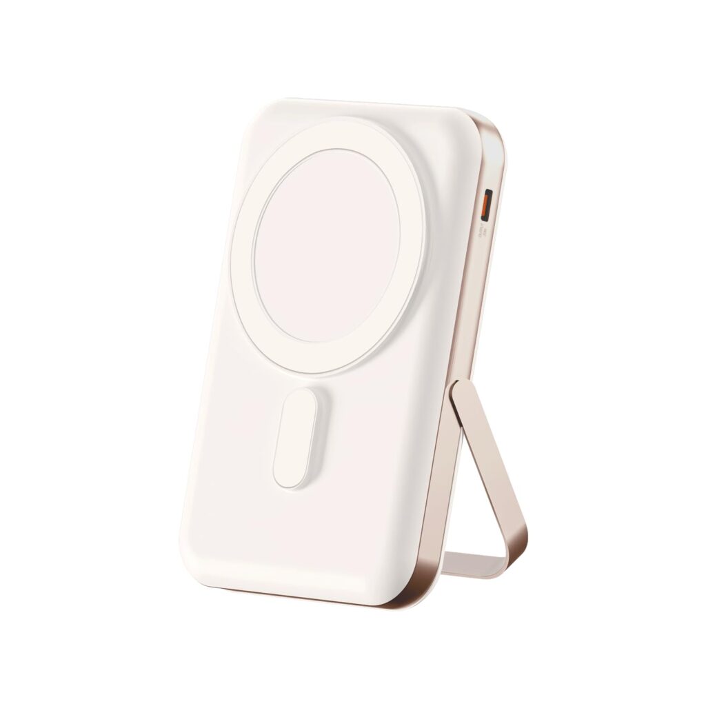 POWERUP PowerMag Stand 10000mAh Mag-Safe Power Bank, 15W Fast Wireless Charging | Strong Magnetic Hold | Ultra-Slim 22.5W Fast Charing Type C Port Compatible with Wireless Charging Phones (White|Gold)