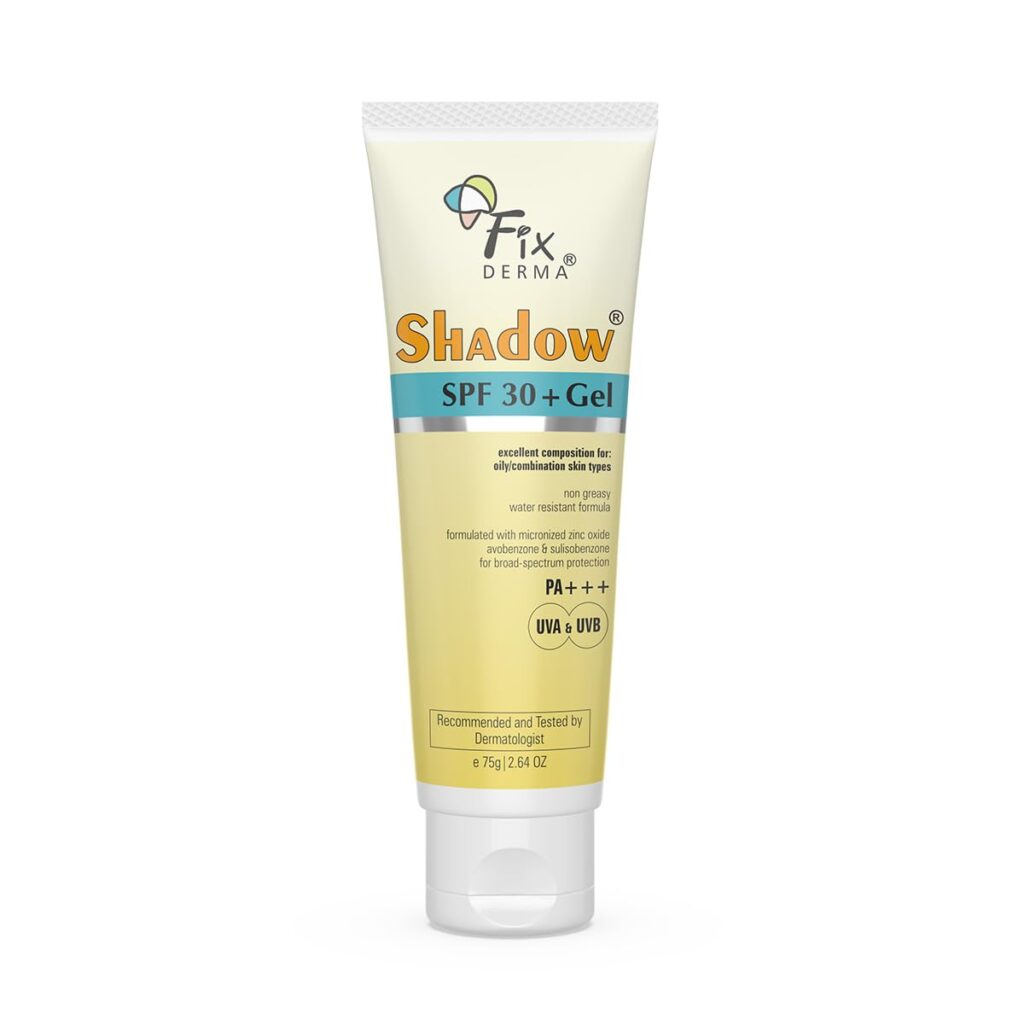 Fixderma Shadow Sunscreen SPF 30+ PA+++ Gel Broad Spectrum Sunscreen For UVA & UVB Protection For All Skin Type | No White Cast I Shadow Gel For Women & Men I 75 gm (Pack of 1)