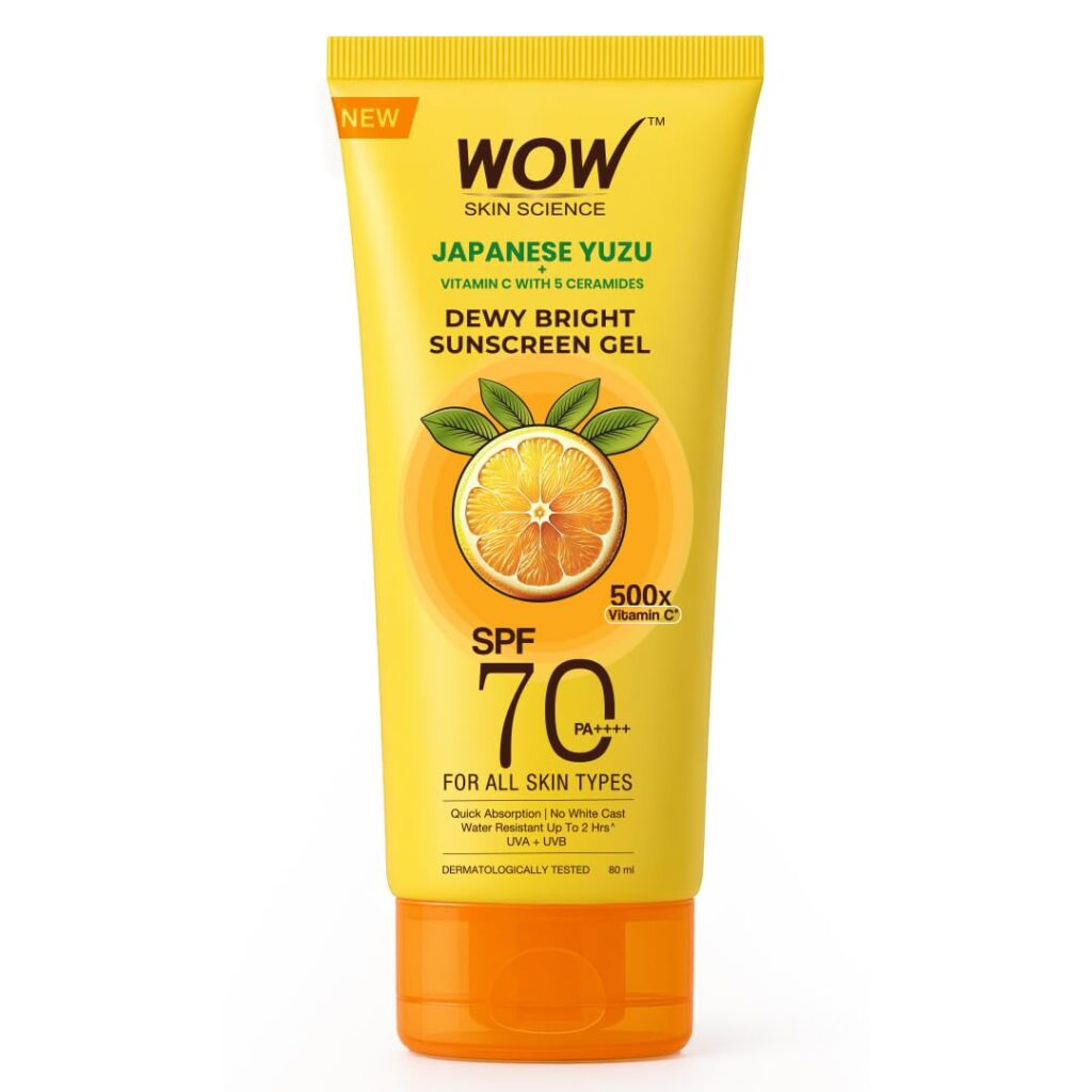 WOW Skin Science Japanese Yuzu + Vitamin C with 5 Ceramides Dewy Bright Sunscreen Gel | SPF 70 PA++++ 500x Vitamin C | Quick Absorption | No White Cast | Water Resistant | UVA + UVB Protection | 80ml