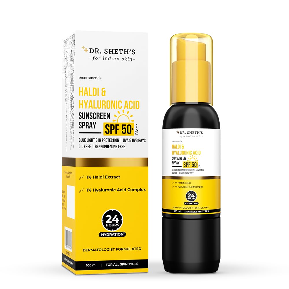 Dr. Sheth's Haldi & Hyaluronic Acid Sunscreen Spray|Spf 50+ Pa++++|Lightweight, Non-Greasy|24 Hours Hydration, Non-Comedogenic|For Men & Women|Benzophenone Free|Mess-Free|100Ml|For All Skin Types