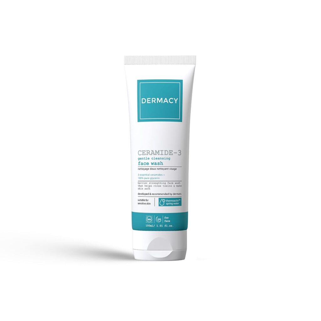 DERMACY CERAMIDE - 3 Gentle Cleansing Face Wash| Barrier - Strengthening Face Wash That Helps Rinse Toxins & Make Skin Soft | 3 - Essential Ceramides + 2.5% Hyaluronic Acid Complex + ThermoActiv Spring Water|For Sensitive Skin|100ml