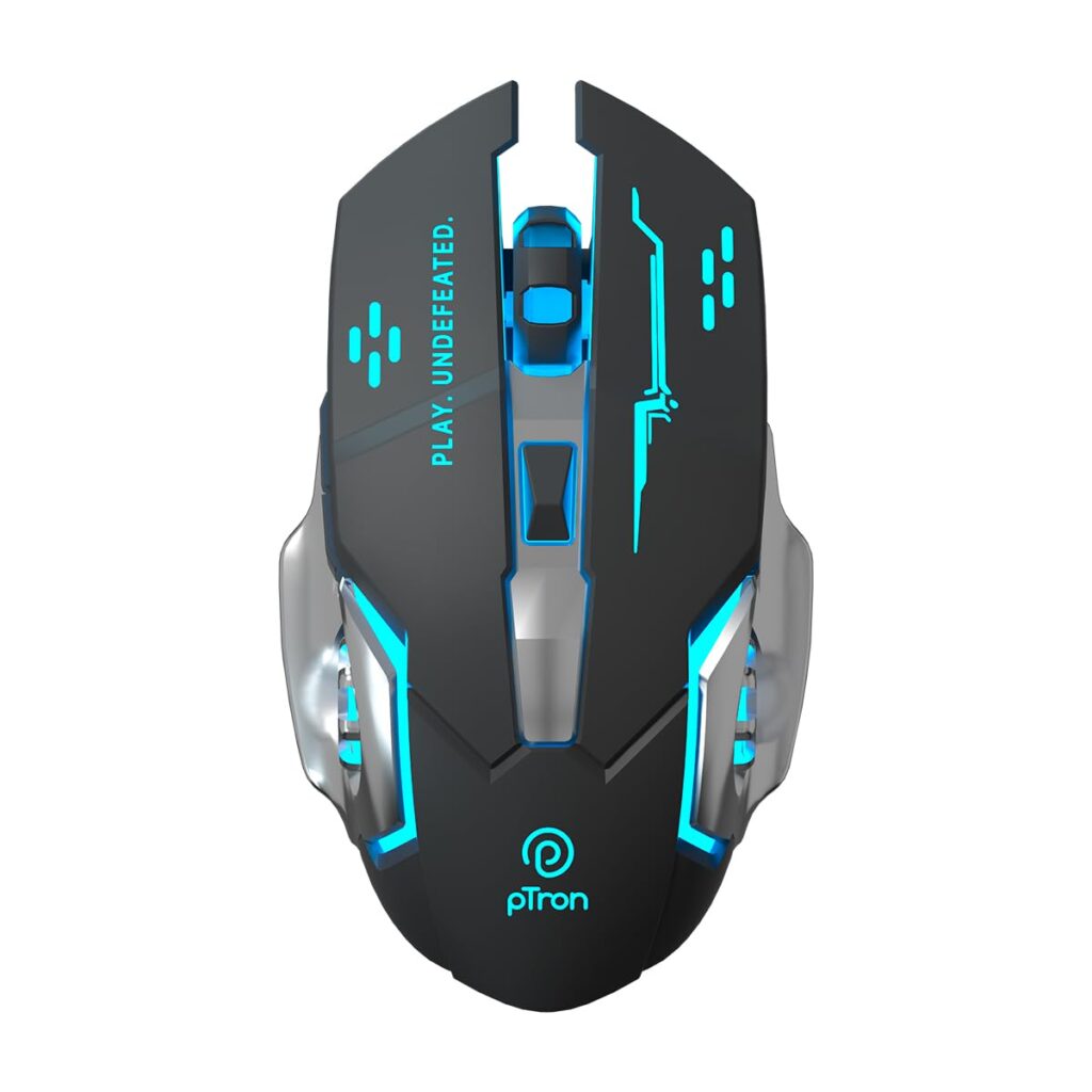 pTron Flick M2 Wireless Gaming Mouse w/RGB Lights, Precision Tracking, Dual Wireless Modes-BT & 2.4GHz, 6 Buttons, Thumb Support, Rechargeable, Ergonomic Design for Laptop, Smartphone, Tablet (Black)