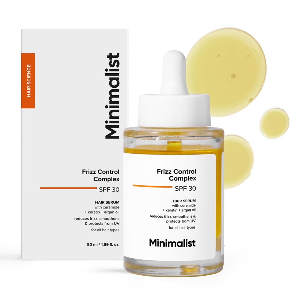 Minimalist Hair Serum for Dry Frizzy Hair with SPF 30, Keratin, Argan Oil & Ceramides| Heat Protection Serum, Smoothens & Protects From UV | Lightweight | Leave In For Women & Men | 50 ml