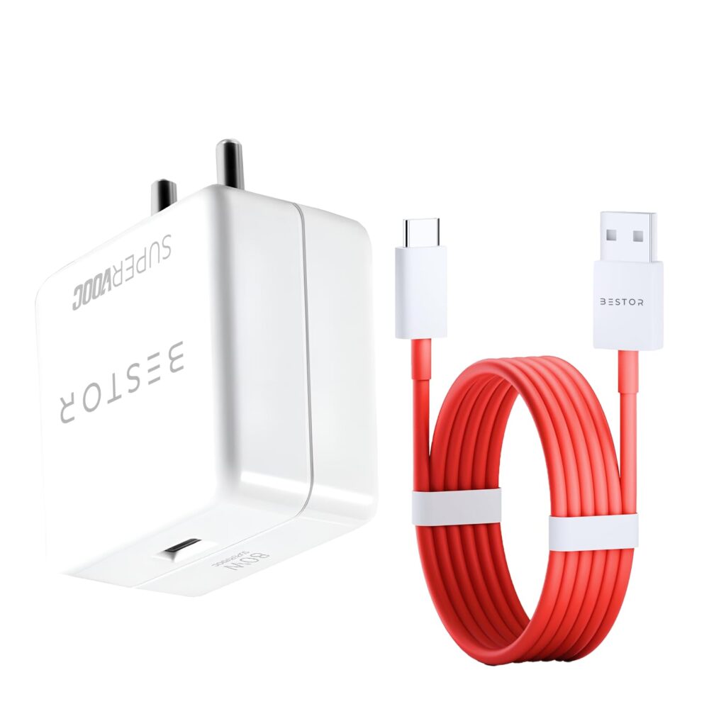 Bestor 80W SUPERVOOC Fast Charger with Type-C Cable 80W USB Charger Compatible with OnePlus, Realme, Oppo, Redmi, Xiaomi, Poco, iQOO, Samsung with Cable SuperVOOC Fast Charging