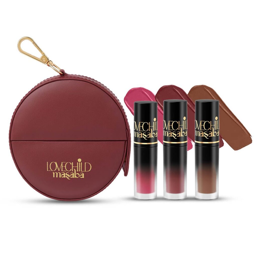 LoveChild Masaba Pocket Liquid Lipstick, Pack of 3 Transfer-Proof, Hydrating Matte Shades with Free Pouch, Hyaluronic Acid, Jojoba Oil & Vitamin E for Long-Lasting, Nourished Lips, Combo 5, 5.4ml