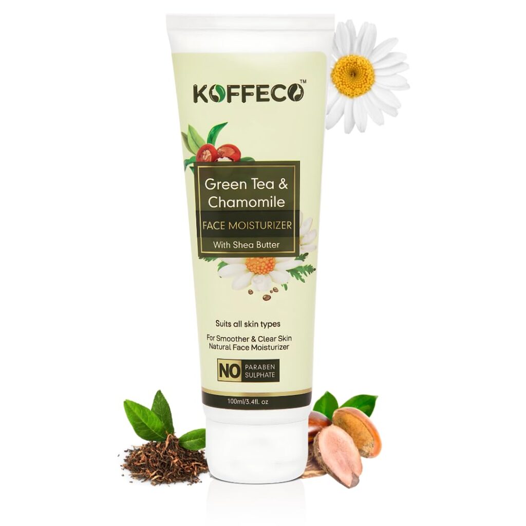 Koffeco 100 ML Green Tea Chamomile Face Moisturizer for Acne Prone and Oily Skin With Shea Butter, Hydrating Face Cream for Women