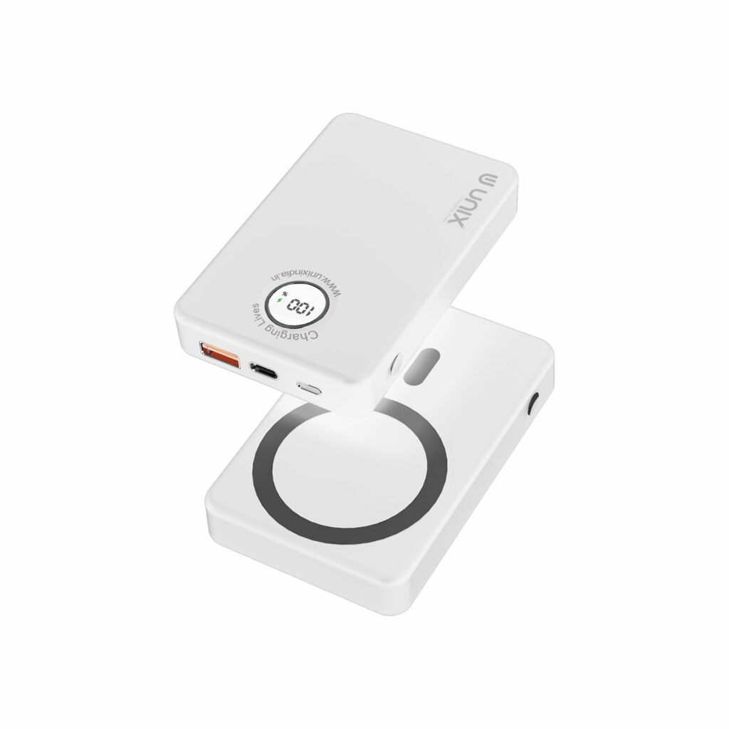 Unix UX-1530 10000mAh Magnetic Wireless Power Bank | 22.5W PD Fast Charging | 15W Qi Wireless Charging | Type-C Input/Output | LED Display| BIS Certified | for iPhone, Android & USB Devices - (White)