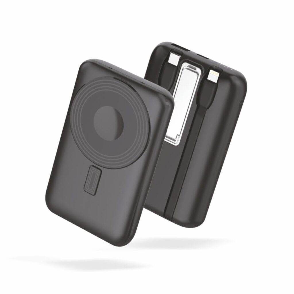 Muvtech Pocket Link Powerbank Magnetic Hold Wireless Charging with Built-in Lightning & Type-C Cables, Fast Charging 10000mAh, Foldable Stand, 3 Output Ports Compatible for iPhone, Android & MacBook