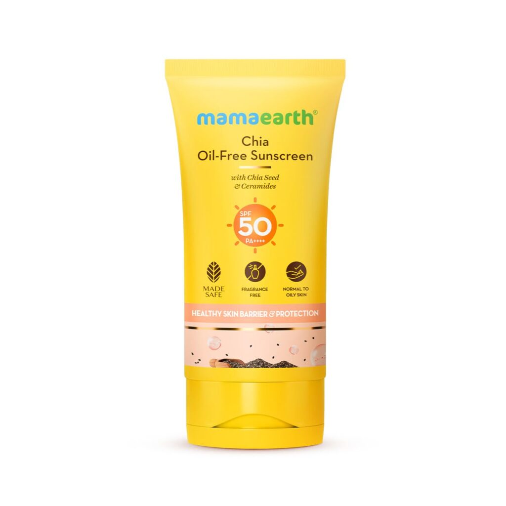 Mamaearth Chia Oil-Free Sunscreen with Chia Seed & Ceramides for Hydrated Glow & Sun Protection - 50g | SPF50 PA++++ | Oil-Free Formula for Normal to Oily Skin | UVA/B Protection | Tan Protection | No White Cast | InVivo Tested | Healthy Skin Barrier
