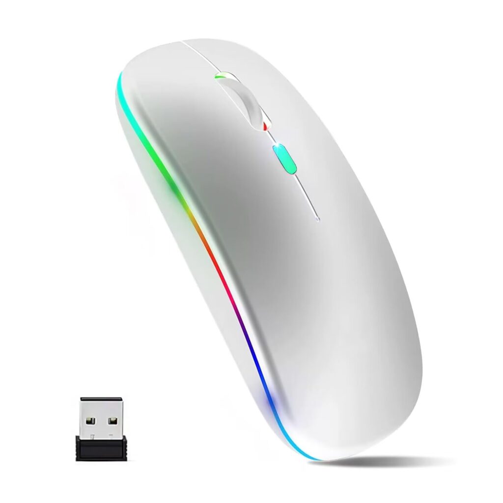 Wireless Mouse, Wireless, Bluetooth, 2.4 GHz, 3 Levels of DPI Switching, Silent Mouse, Ultra-thin, Small, High Sensitivity, Bluetooth Gaming, USB Rechargeable, Power Saving, 7 Color Lights, 3 Buttons