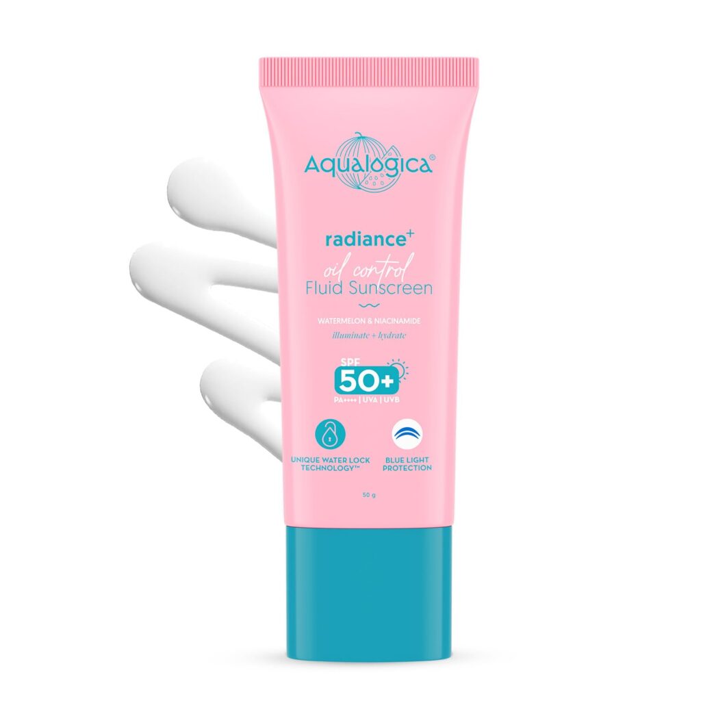Aqualogica Radiance+ Oil Control Fluid Sunscreen for Oily Skin - 50 g | Water-like Fluid Texture | SPF 50+ PA++++ UVA & UVB Protection | Oil Free | Controls Excess Oil | Non Greasy | No White Cast | For Men & Women