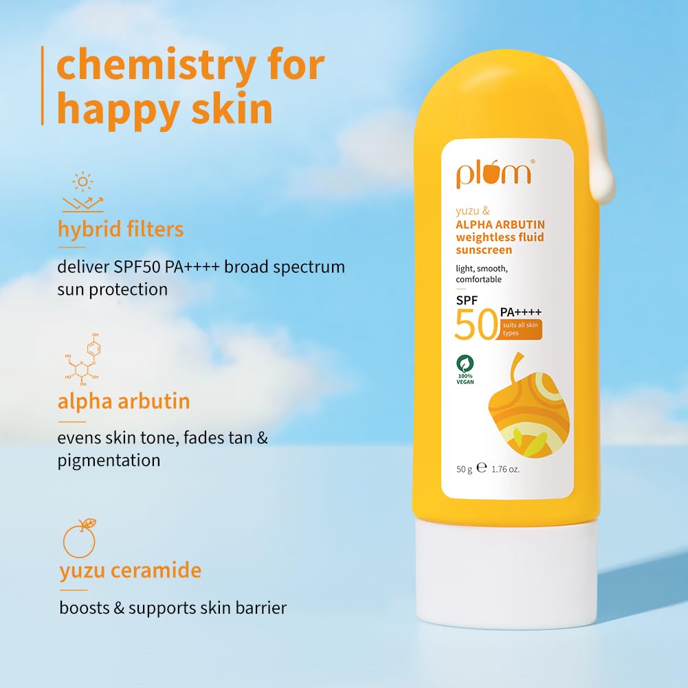 Plum Yuzu & Alpha Arbutin Fluid Sunscreen SPF 50 PA++++ | Boosts Glow & Skin Barrier | Fade Tan & Dark Spots | Quick-Absorbing | No White Cast & Non-Greasy | Women & Men | for All Skin Types | 50g
