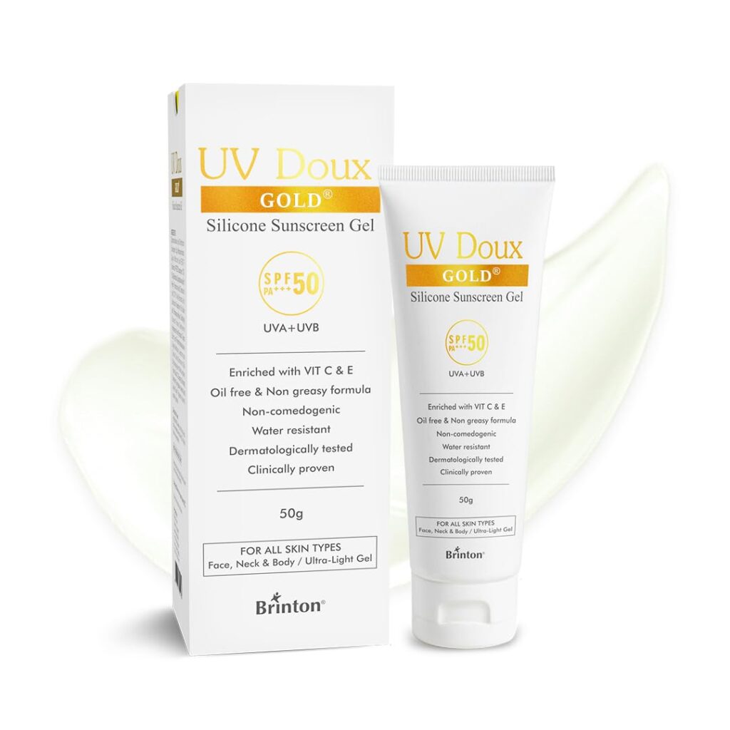 UV Doux Gold Silicone Sunscreen Gel SPF 50 PA+++|With Vitamin C & E|Broad Spectrum UVA/UVB Protection|Anti-Aging, Antioxidant-Rich, Water-Resistant Gel for Hyperpigmentation|Benzene-Free|50g