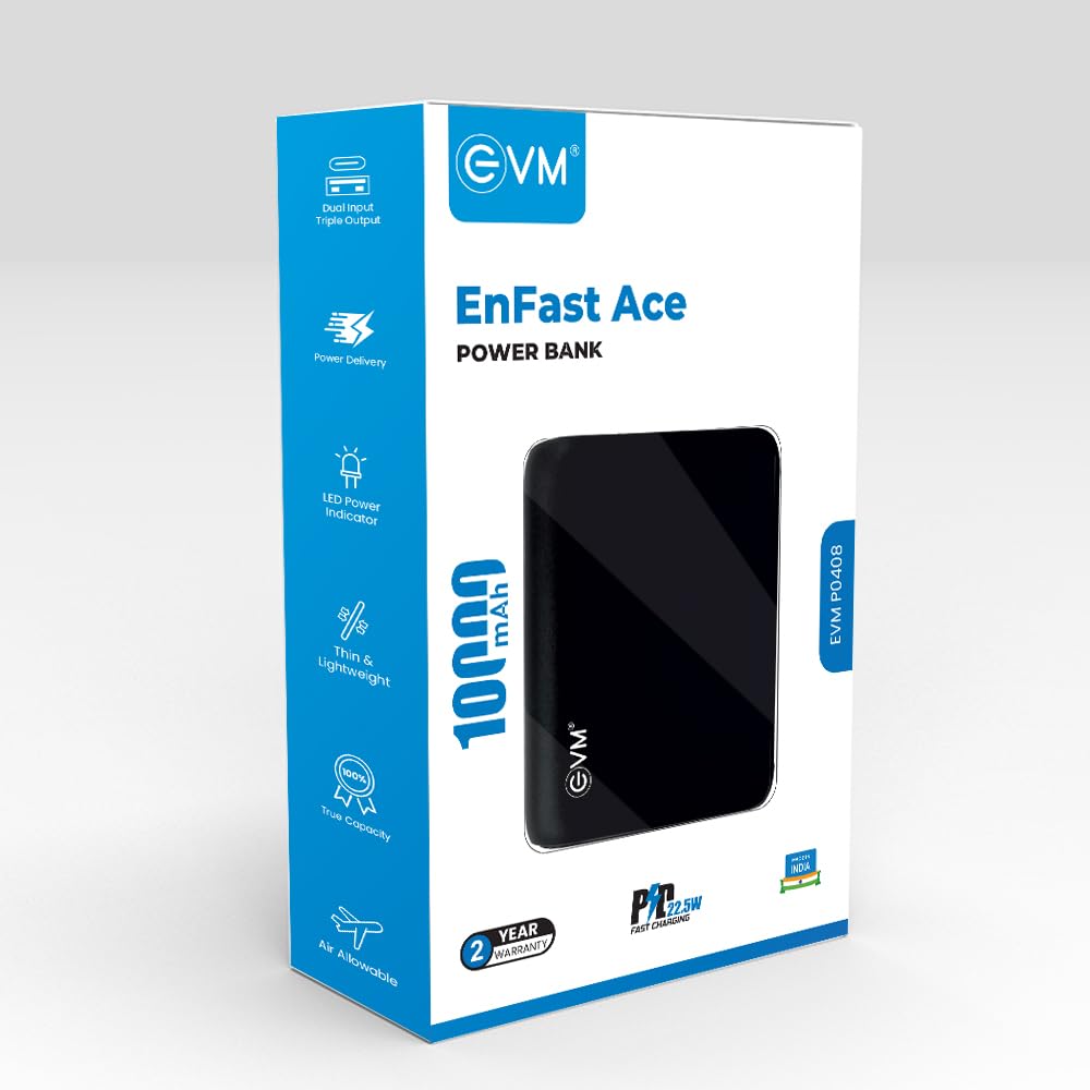 EVM EnFast Ace 10000mAh Powerbank - 22.5W PD Charging, Dual Type-C Output, Compact Design, 2 Years Warranty (EVM-P0408-Black)