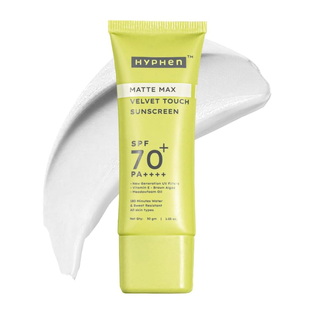 Hyphen Matte Max Velvet Touch Sunscreen Spf 70+ Pa++++|Sun Protection|Sun Shield|Moisturizes And Soothes Skin|12 Hrs Uva-Uvb Protection|Sunscreen Spf No White Cast, Combination & All Skin Types-30G