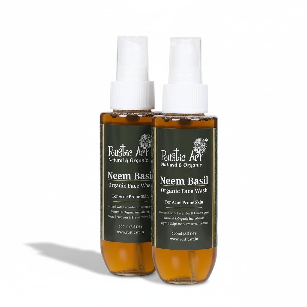 Rustic Art Organic Neem Basil Face Wash | Deep Cleansing for Oily Skin | Gentle Daily Purifying | Natural Sulphate Free | 100ml Pack of 2