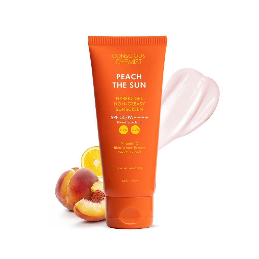 Conscious Chemist® Sunscreen SPF 50 PA++++ | 50g | Gel Sunscreen for Oily Skin, Vitamin C with Rice Water & Peach Extract, Hybrid Lightweight, All Skin Type - Peach The Sun