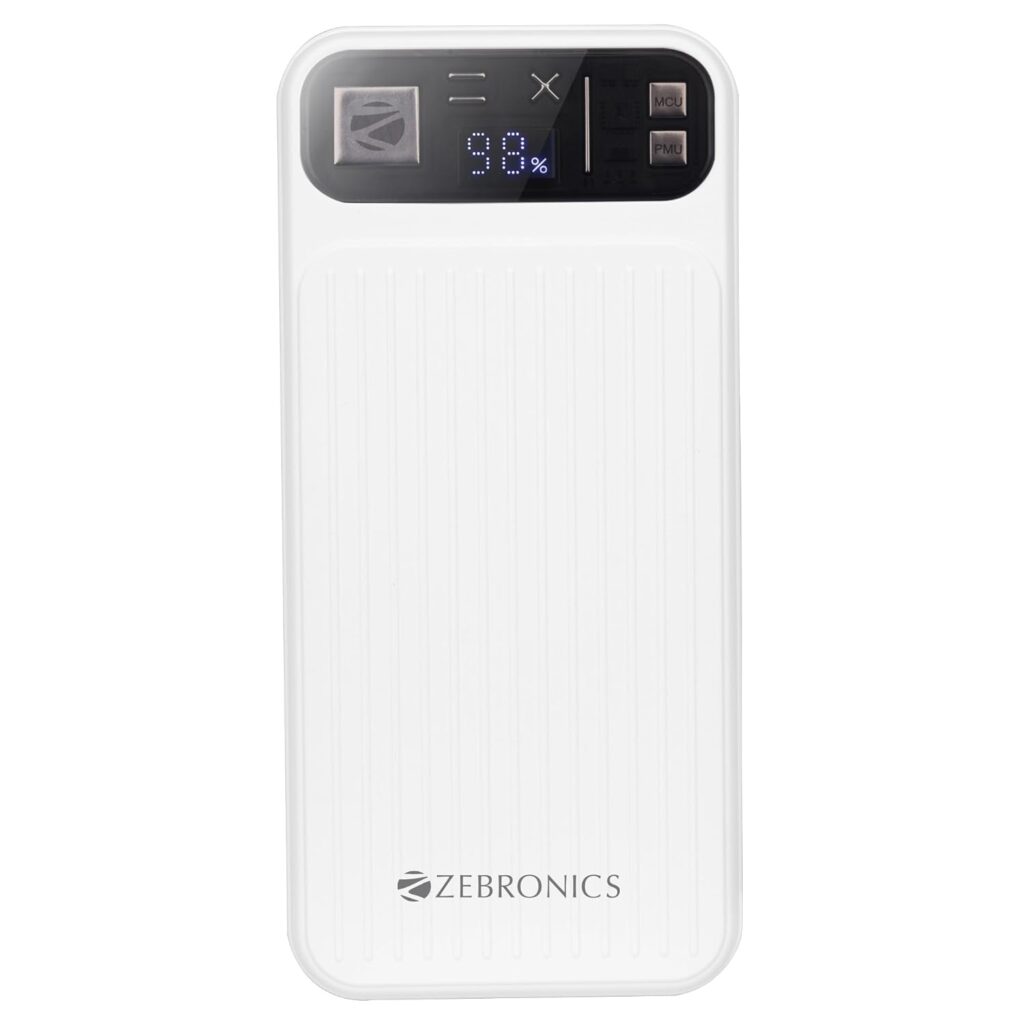 ZEBRONICS MB10000S13 Power Bank, 10000 mAh, Rapid Charge, 22.5W Output, Dual USB Output, PD 3.0 Type C, Built in Protections, Percentage Indicator, Made in India (White)