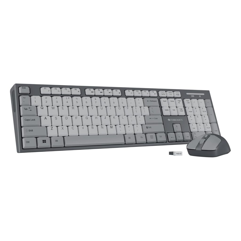 Zebronics Wireless Keyboard & Mouse Combo, 104 UV-Printed Keys, ₹ Key, 12 Multimedia Keys, Retractable Stand, 4 Button Mouse, 1600 DPI, High Precision, USB Nano Receiver (Companion 304, Grey)
