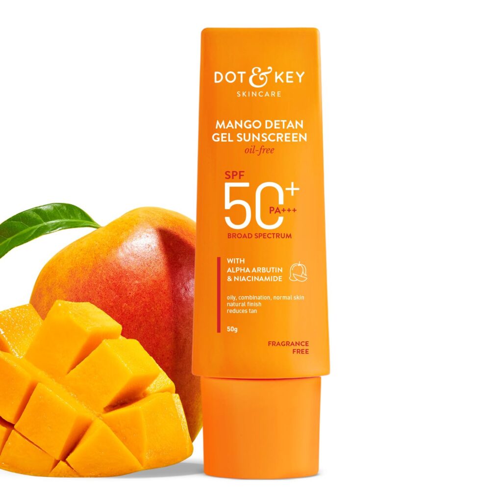 Dot & Key Mango Detan Gel Sunscreen SPF 50+ PA+++ 50g | Oil-Free, With Alpha-Arbutin & Niacinamide | Controls Tanning, Brightens Skin, Ultra-light | Fades Dark Spots, Evens Tone, Water Resistant | All Skin Types