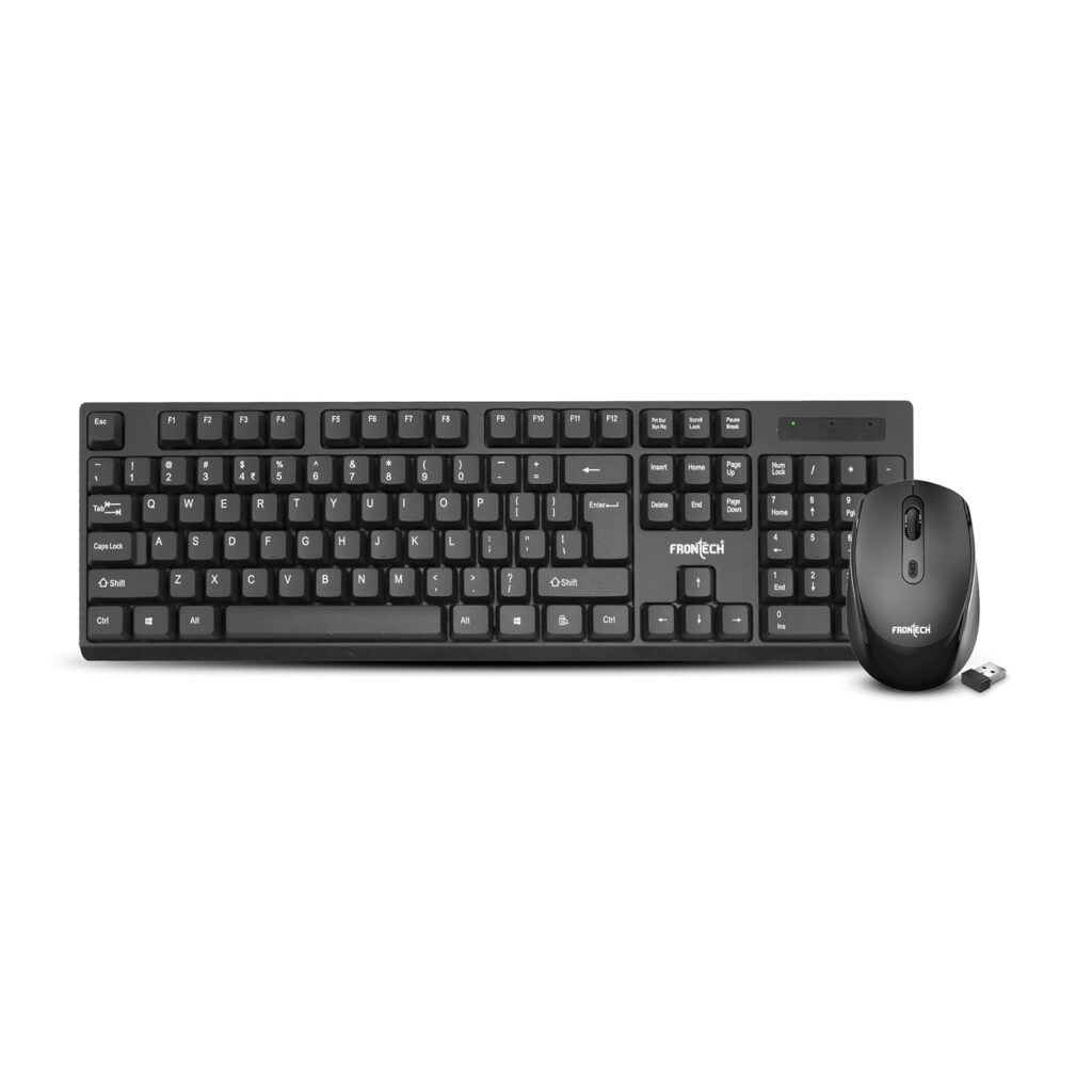 FRONTECH KB-0028P 2.4Ghz Wireless Keyboard and Mouse Combo with 104-Key Ergonomic Keyboard & 1600 DPI Optical Mouse, Single USB Nano Receiver, for PC/Laptop