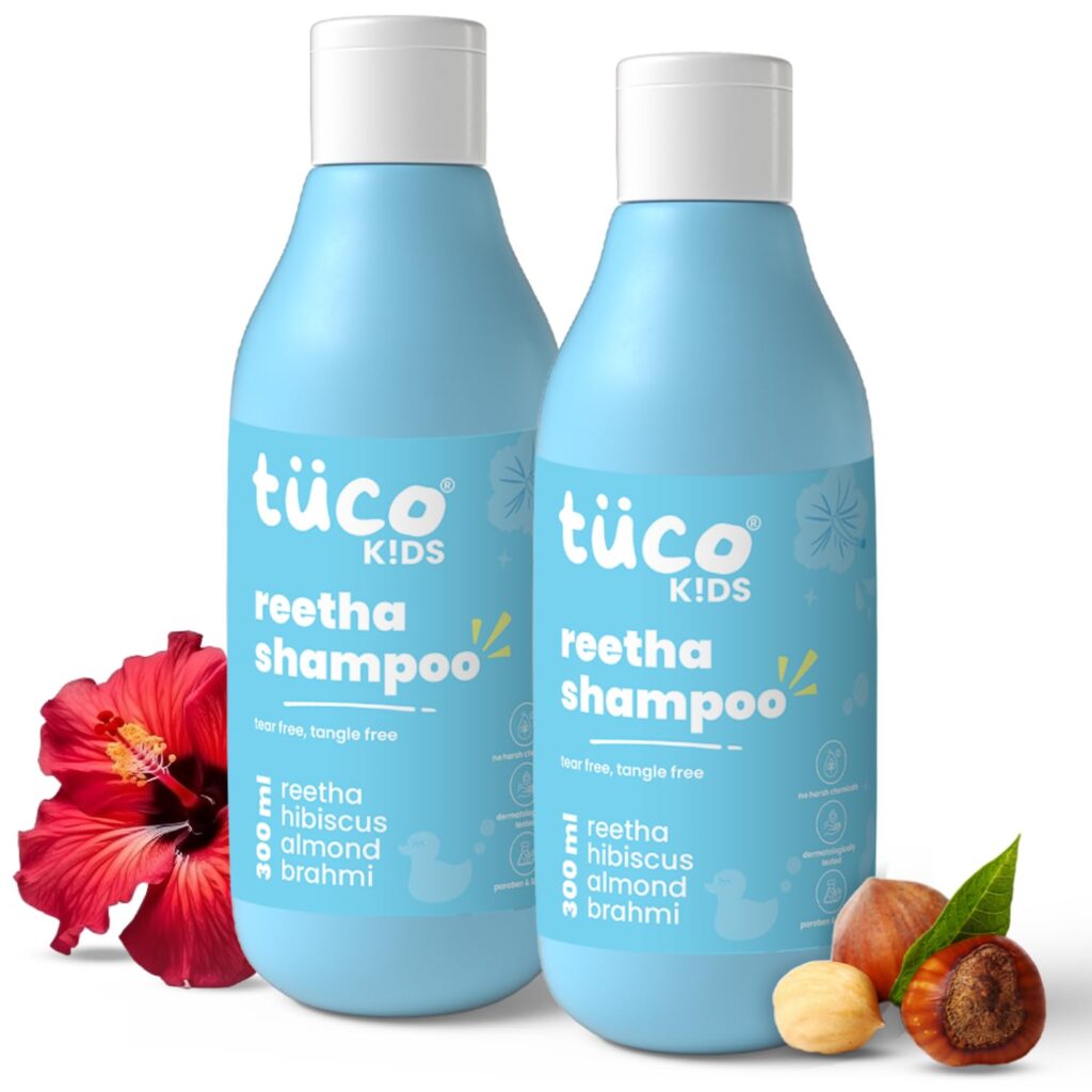 Tuco® Kids Mild Shampoo With Soapnut, Almond, Henna, Pomegranate | Ages 2-5, 4-10, 10-15, 5-10 Years | Paraben, SLS & Sulphate Free | pH 5.5, Vegan & Tear Free | 300 ml (Pack of 2) |