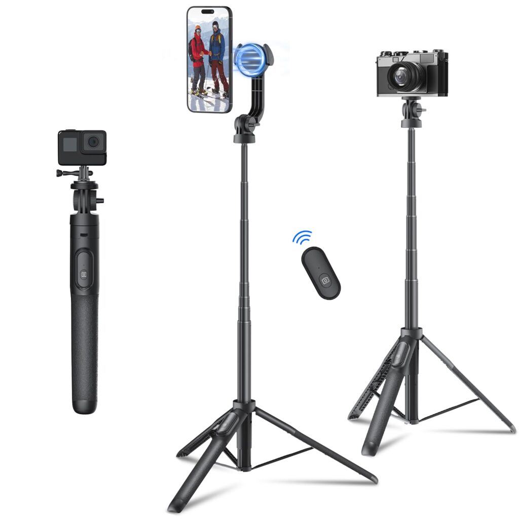 Mobilife Magnetic Selfie Stick Tripod 64" Long Tripod Stand for Magsafe iPhone 360 Degree Rotation Versatile Mobile Holder with Bluetooth Remote for Camera Gopro Vlogging Live Streaming Travel