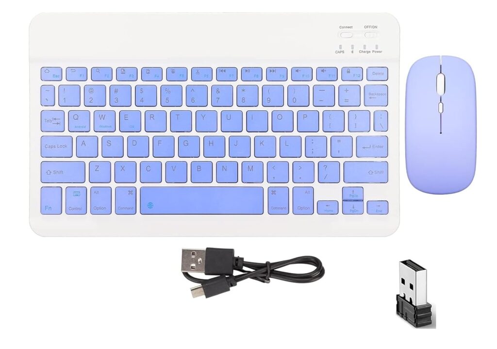 FKU 10 Inch Wireless BT Keyboard Mouse Combo, Three Speed Adjustable DPI Ultra Thin and Ultra Quiet Mouse, USB Charging Keyboard with Scissor Foot Structure for PC Laptop Computer (Purple)