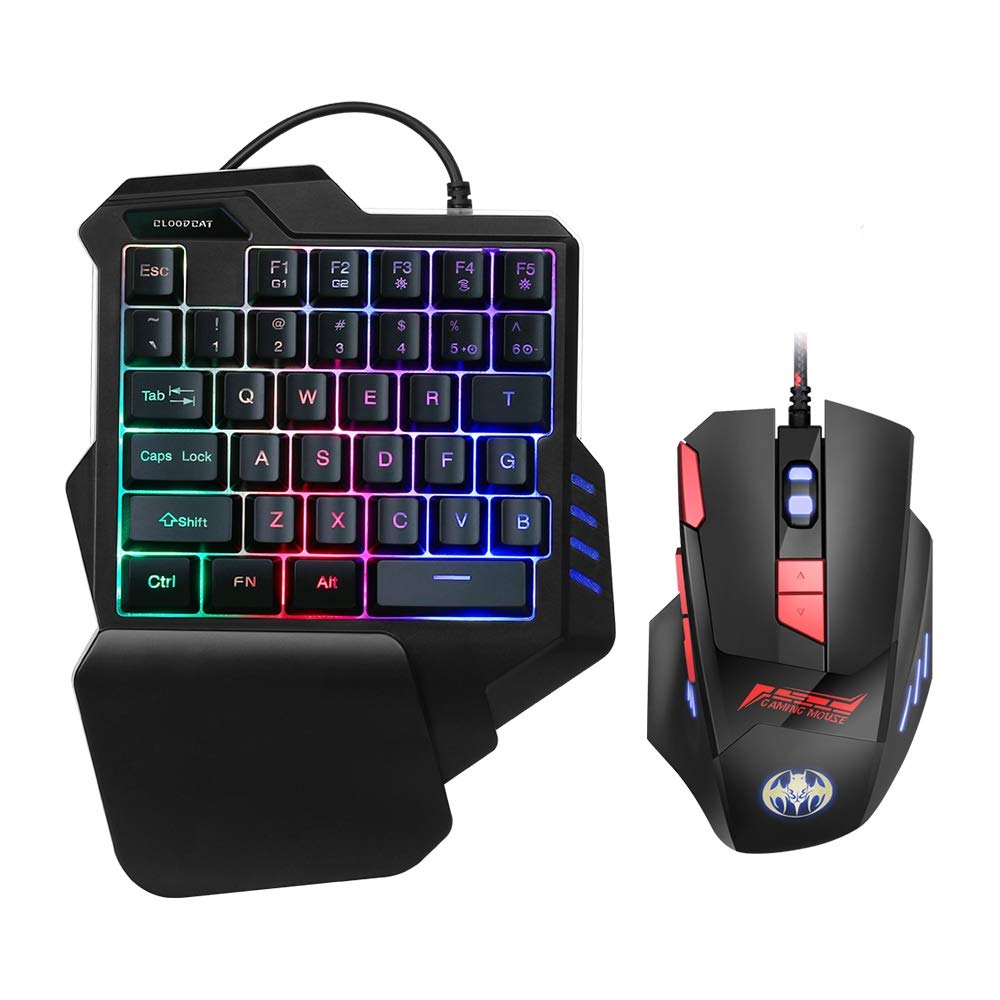 TechGuy4u RGB One-Hand Non-Mechanical Gaming Keyboard and Backlit Mouse, USB Wired Rainbow Letters, PC, Android, Gaming Keypad, 35 Keys