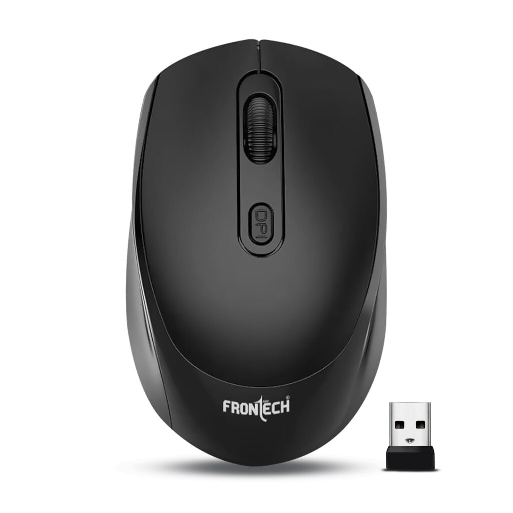 FRONTECH MS-0073 Wireless Mouse, 2.4GHz with USB Receiver, High Precision Optical Tracking, 4 Buttons, Plug & Play, Ergonomic Design for PC/Mac/Laptop (Black)